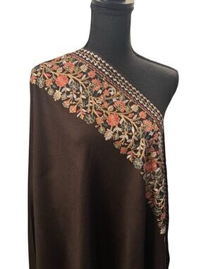 Embroidered Floral Brown Shawl Scarf